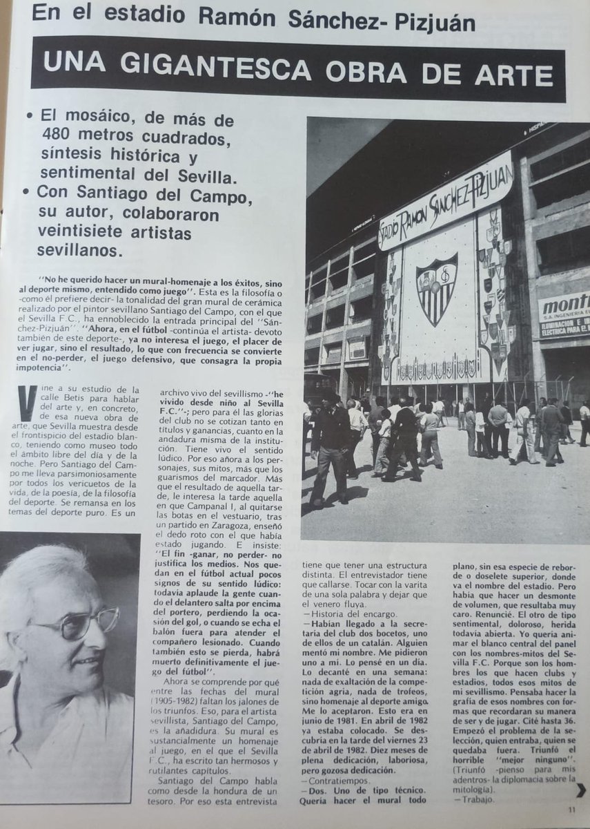 PatrimonioSFC's tweet photo. Entrevista a Santiago del Campo, autor del mosaico de preferencia del Estadio Ramón Sánchez-Pizjuán, publicada en la revista "Sevillismo" número 5 (mayo de 1982).

Desde su inauguración el mosaico es una seña de identidad del @SevillaFC 

Patrimonio Sevillista. https://t.co/Px0U9YBSk0