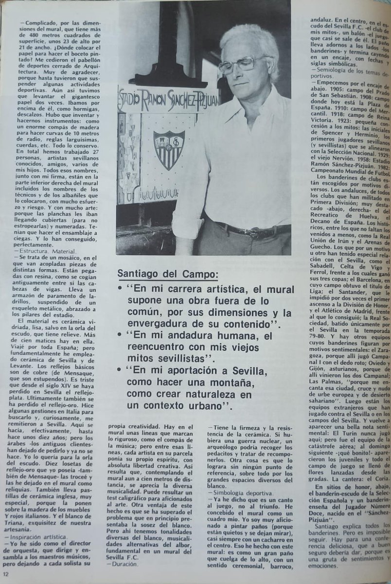 PatrimonioSFC's tweet photo. Entrevista a Santiago del Campo, autor del mosaico de preferencia del Estadio Ramón Sánchez-Pizjuán, publicada en la revista "Sevillismo" número 5 (mayo de 1982).

Desde su inauguración el mosaico es una seña de identidad del @SevillaFC 

Patrimonio Sevillista. https://t.co/Px0U9YBSk0