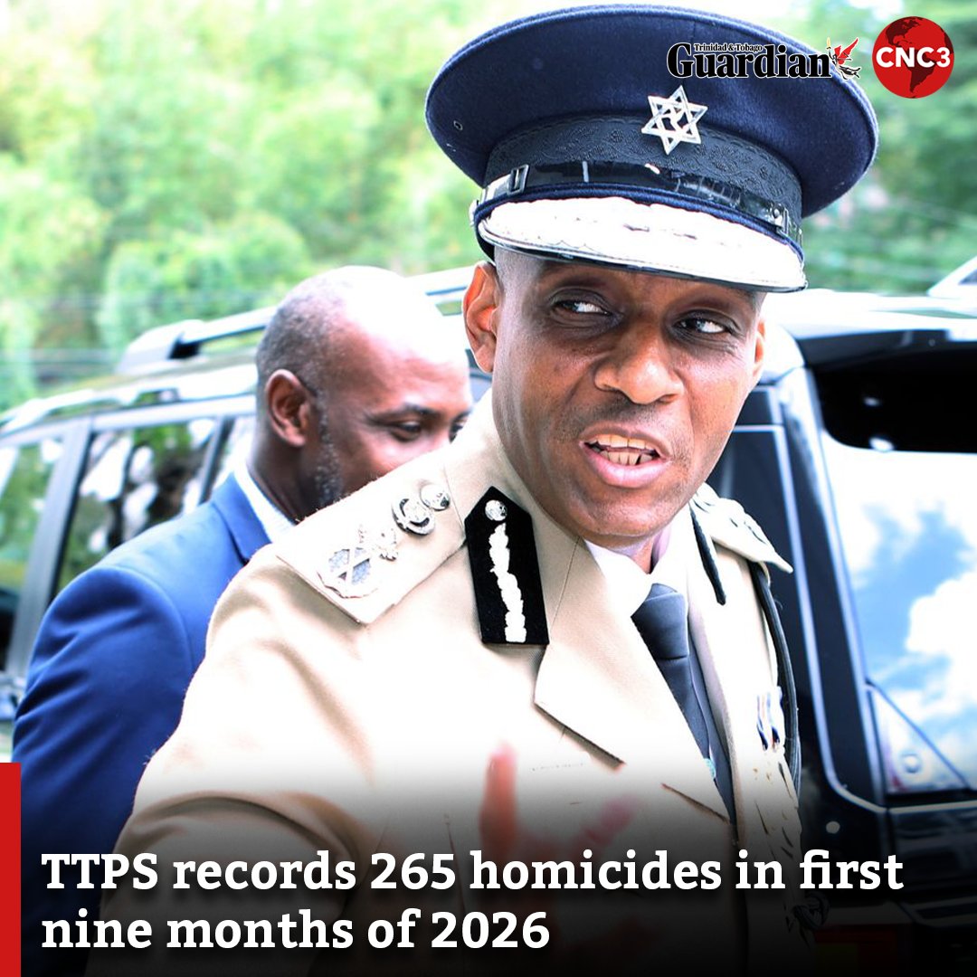 CNC3TV's tweet photo. The Trinidad and Tobago Police Service (TTPS) recorded 265 homicides between January and September this year, a 3.6 per cent decrease compared with the corresponding period in 2025 and a 44.2 per cent decline compared with 2024.

For more: https://t.co/RoDY2CNVMD https://t.co/jkWwLyeNy7