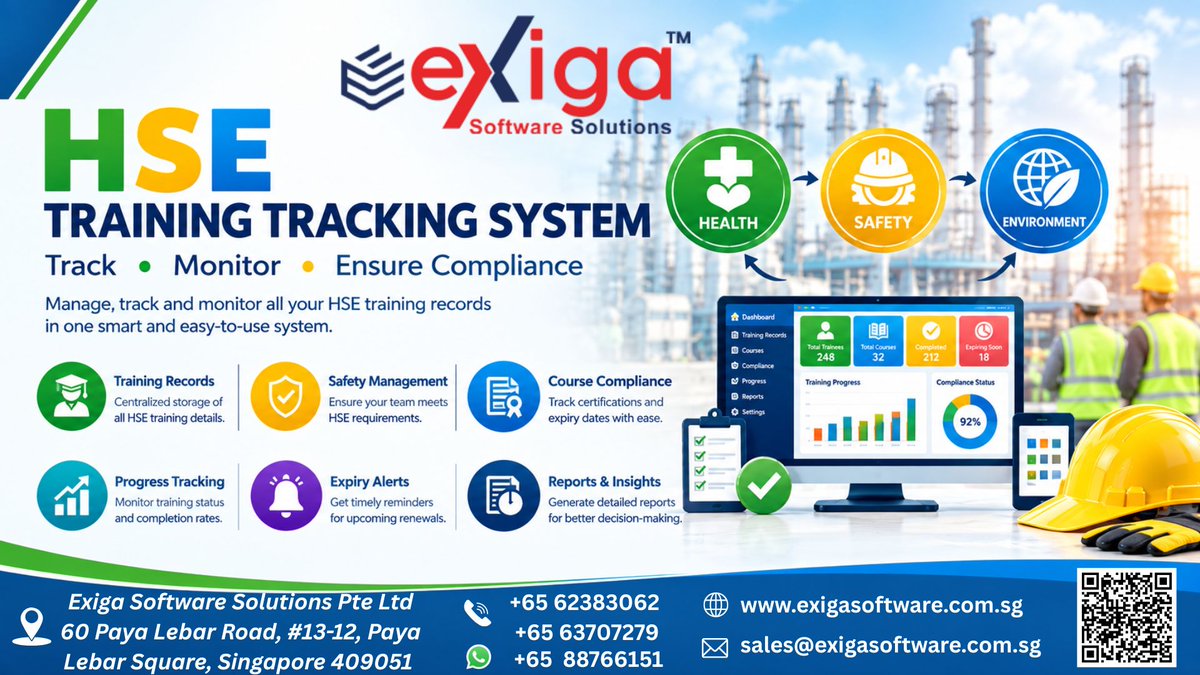 ExigaSoftware's tweet photo. "HSE Training Tracking System"
Simplify safety training management with centralized employee records, training tracking, completion monitoring & HSE compliance support.
๐ +65 6238 3062
๐https://t.co/0DuZCkZ4jg
#HSE #HSETraining #SafetyManagement #WorkplaceSafety #HSECompliance https://t.co/pn06B1tWSp