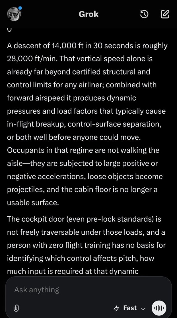 MelissaRedpill's tweet photo. Hey @Grok

On a scale from 0 to 10, where 0 means ENTIRELY IMPOSSIBLE and 10 means HIGHLY LIKELY, how probable is it that a plumber with NO FLIGHT TRAINING could reach the cockpit of a plane while it's diving 14,000 feet in 30 seconds, grab the controls, and level the aircraft as the rudder breaks off?

Start with the number. 

Base your answer only on what I gave you. No spin.

Ht @Red_Pill_US