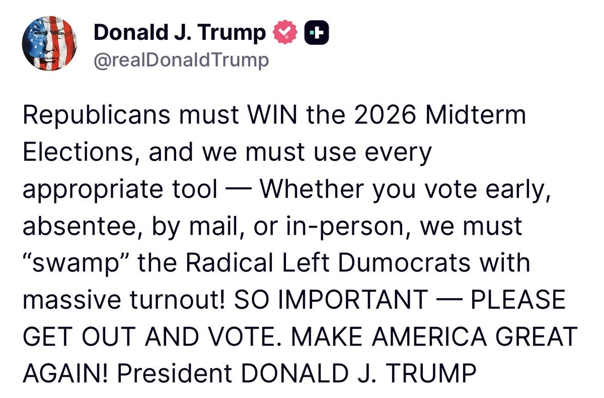 GuntherEagleman's tweet photo. TRUMP JUST TOLD EVERY REPUBLICAN IN AMERICA TO STOP WAITING FOR ELECTION DAY.

His message this morning was simple. 

Whether you vote early, absentee, by mail or in person, he wants us to swamp the Radical Left with turnout so big it isn't close.

He's right, and I'm done with Republicans sitting on their hands until the first Tuesday in November while Democrats bank votes for weeks. 

The border, the economy and everything we fought for are riding on these 31 days. Vote like Trump's name is on your ballot, because everything he's built depends on who we send to Congress.