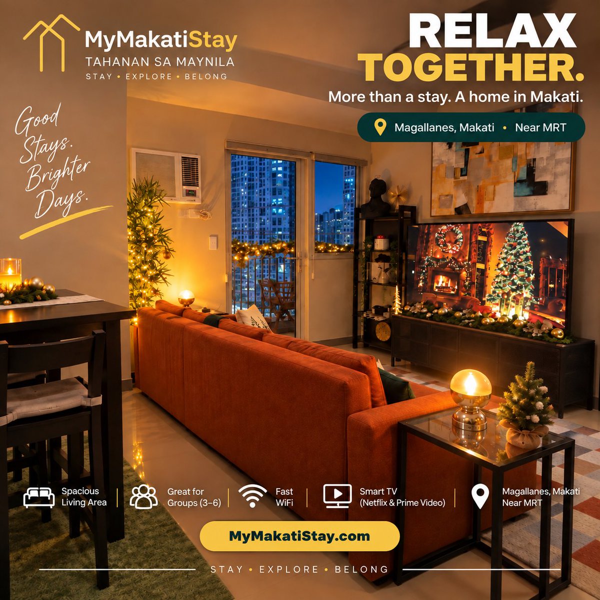 MakatiStay's tweet photo. For friends and family, Fast WiFi, Smart TV with Netflix &amp; Prime Video, and easy MRT access.
 🏠 Great for groups of 3–6 
📍 Magallanes, Makati • Near MRT
https://t.co/PmPdtnyCRx https://t.co/kqmtrgWNqx