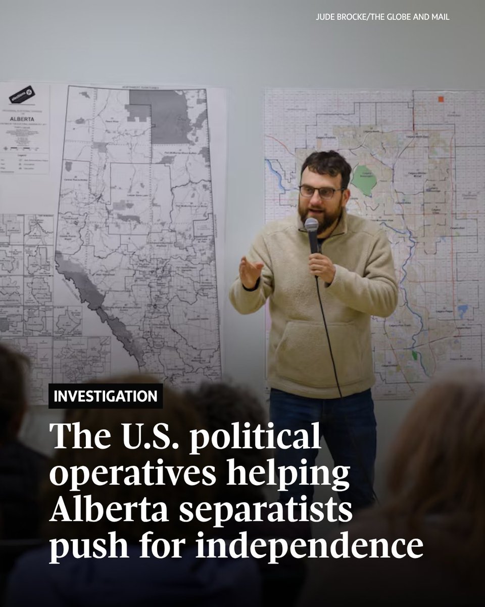 globeandmail's tweet photo. A Michigan delegation travelled to Calgary to sell separatists on software developed for Republicans to get out the vote – and how it could be used to wrench Alberta from Confederation.

For David Parker, an organizer for Alberta separation, the software was the path to victory – one that ultimately resulted in a massive privacy breach involving the sensitive personal data of nearly three million Albertans.

But Parker’s embrace of the Michigan delegation is evidence of a pattern: separatist factions in Alberta eager to engage the U.S. in their plans for secession, and American actors willing to assist, either privately or openly.

Through interviews with The Globe on both sides of the border, people involved in politics, the corporate sector and Alberta’s pursuit of separatism have described persistent efforts by figures in the U.S. administration and conservative political establishment to support groups seeking American expansionism and independence for Alberta.
https://t.co/PM7ScgG2ux