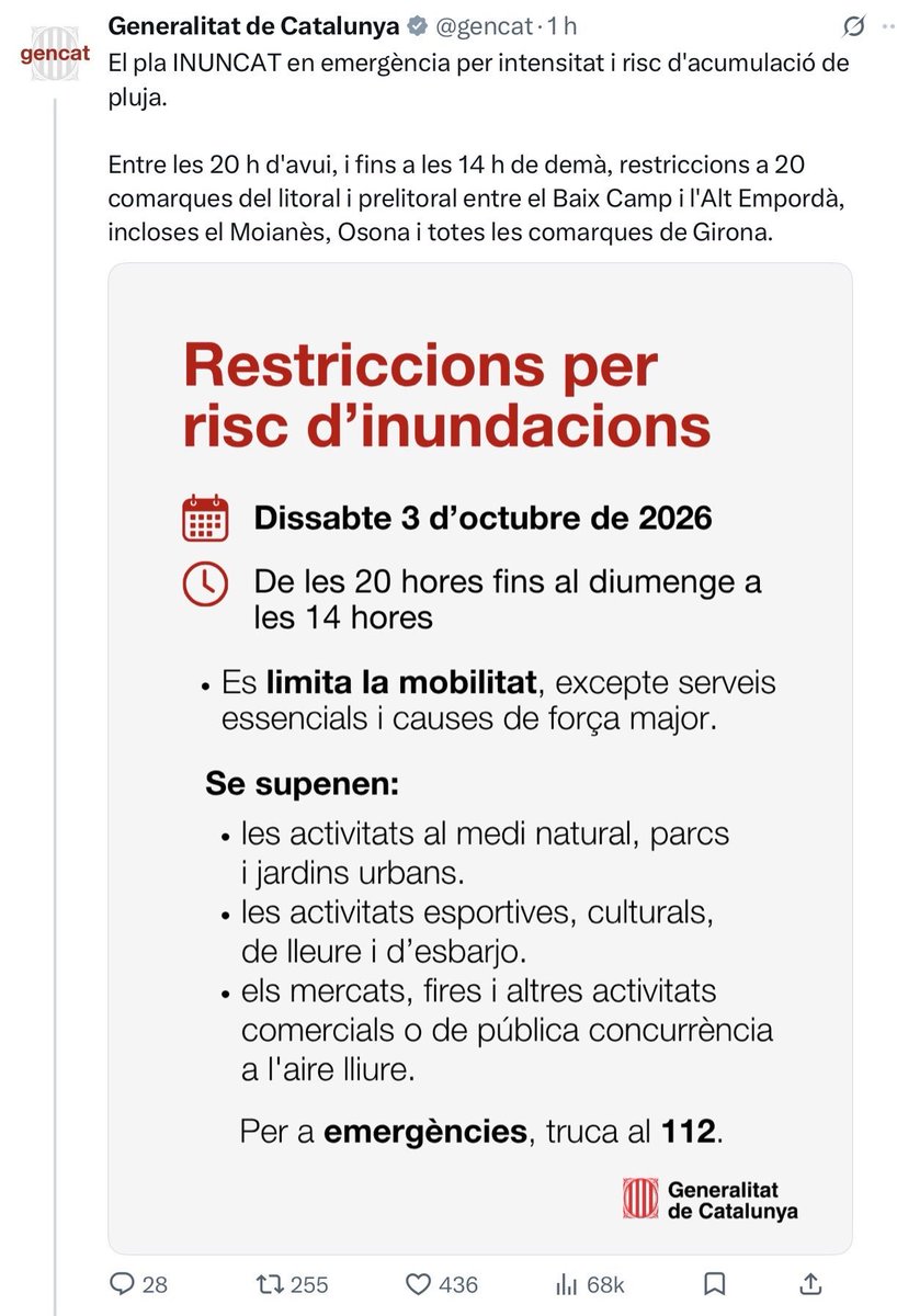 allansitov's tweet photo. @Ripkirbys @emergenciescat Depende de la localidad pero si esta entre Baix Camp hasta Alt Emporda si, esta activo a las 20h hasta las 14h el Plan Inuncat https://t.co/7MtuniS2em