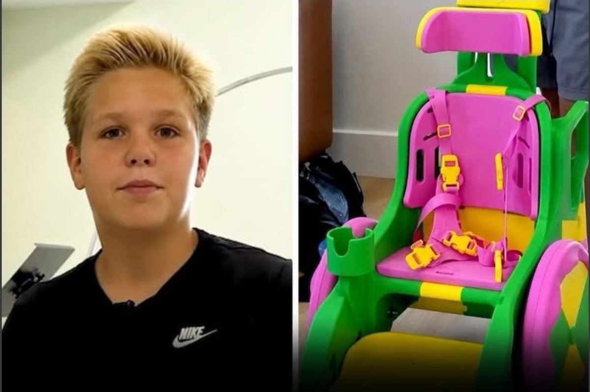 The_FJC's tweet photo. A 13-year old Utah boy spent his entire summer building this custom 3D-printed wheelchair for a 21-month old girl. 

And he never even met her.

He spent about 300 hours on it  just because he wanted to help someone in need.

Wow. Good kid. https://t.co/qIDFvd8zgM