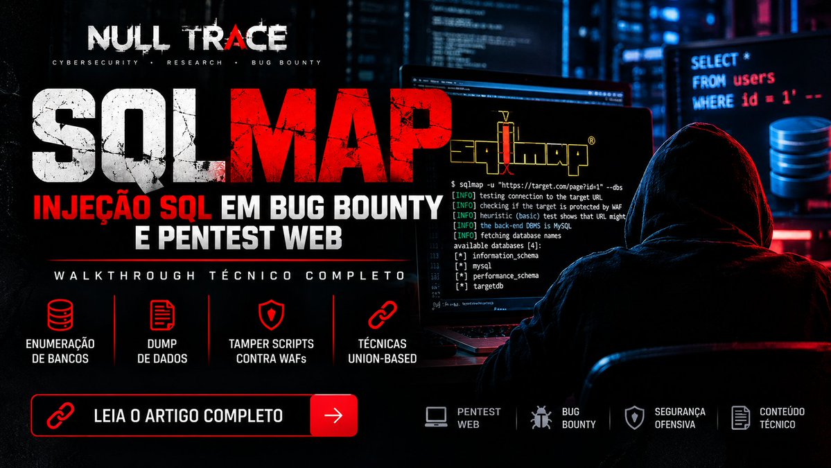 NullTracee's tweet photo. 💉 SQL Injection ainda é uma das vulnerabilidades mais perigosas em aplicações web.

SQLMap na prática: identificação e exploração de SQLi, enumeração de bancos, extração de dados, uso de Tamper Scripts contra WAFs e técnicas UNION-based.

Um walkthrough técnico para quem atua ou estuda Pentest Web, Red Team e Bug Bounty.

🔗 Confira o artigo completo na NULL TRACE, https://t.co/cDNFFxlEZe

#CyberSecurity #SQLMap #SQLInjection #BugBounty #Pentest