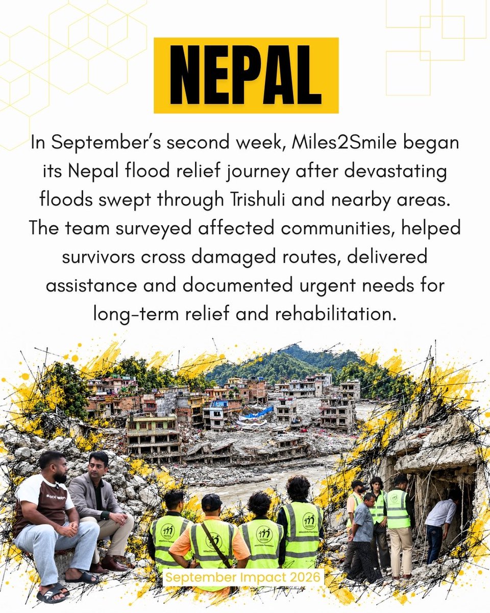 MujtabaAasif's tweet photo. Dear Donors,

With your constant support and trust, together we touched many lives in September, bringing relief, dignity, and hope to families facing some of their hardest days.

In the first week, we stood with flood-hit survivors in Assam, providing medical aid, essential supplies, and rehabilitation support, while helping restore resources at three damaged mosques and a madrassa.

In the second week, Miles2Smile began relief work in Nepal after devastating floods struck Trishuli and nearby areas, reaching survivors and documenting their urgent needs.+