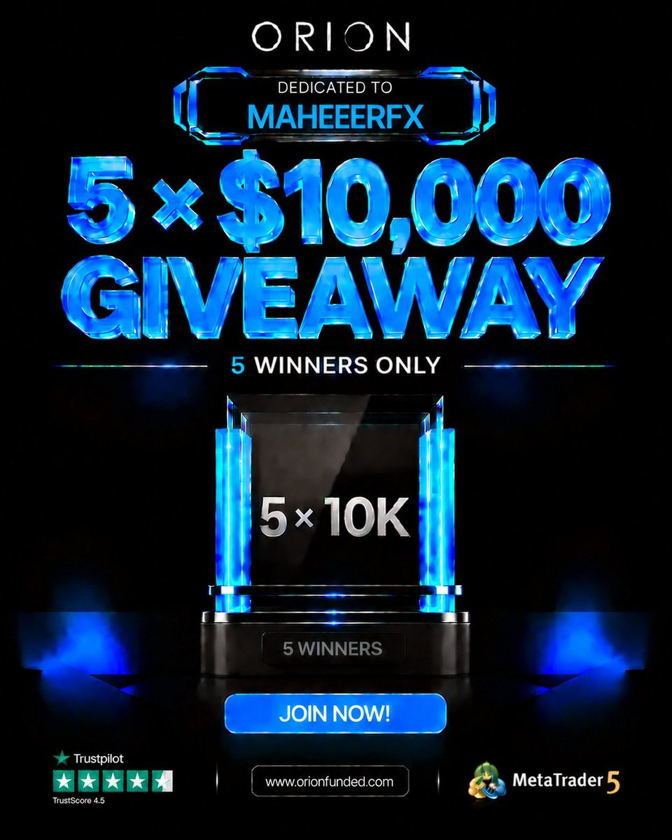 MaheeerFx's tweet photo. 🚀 PARTNERSHIP ANNOUNCEMENT!

I’m excited to officially partner with @Orionfundedcom 🤝

To celebrate, I’ve giving 50k @Orionfundedcom Accounts for the community.

$50K GIVEAWAY🛎
5 × $10K accounts up for grabs!

👉To enter: follow @MaheeerFx @Orionfundedcom @OrionAffiliates
👉Join Telegram:https://t.co/EWkDfo2rKD
👉Like and Retweet and Tag 3 traders 

Also follow: @Propfirms_Audit @1trade0 @Dayyib19
@Awelmo1
And for those who want to get started with Orion Funded:
https://t.co/8MpbKhXwYa

🔥 50% OFF for new users
🎟️ Code: MAHEEERFX50

DROP SCREENSHOT FOR EVERY SINGLE TASK.