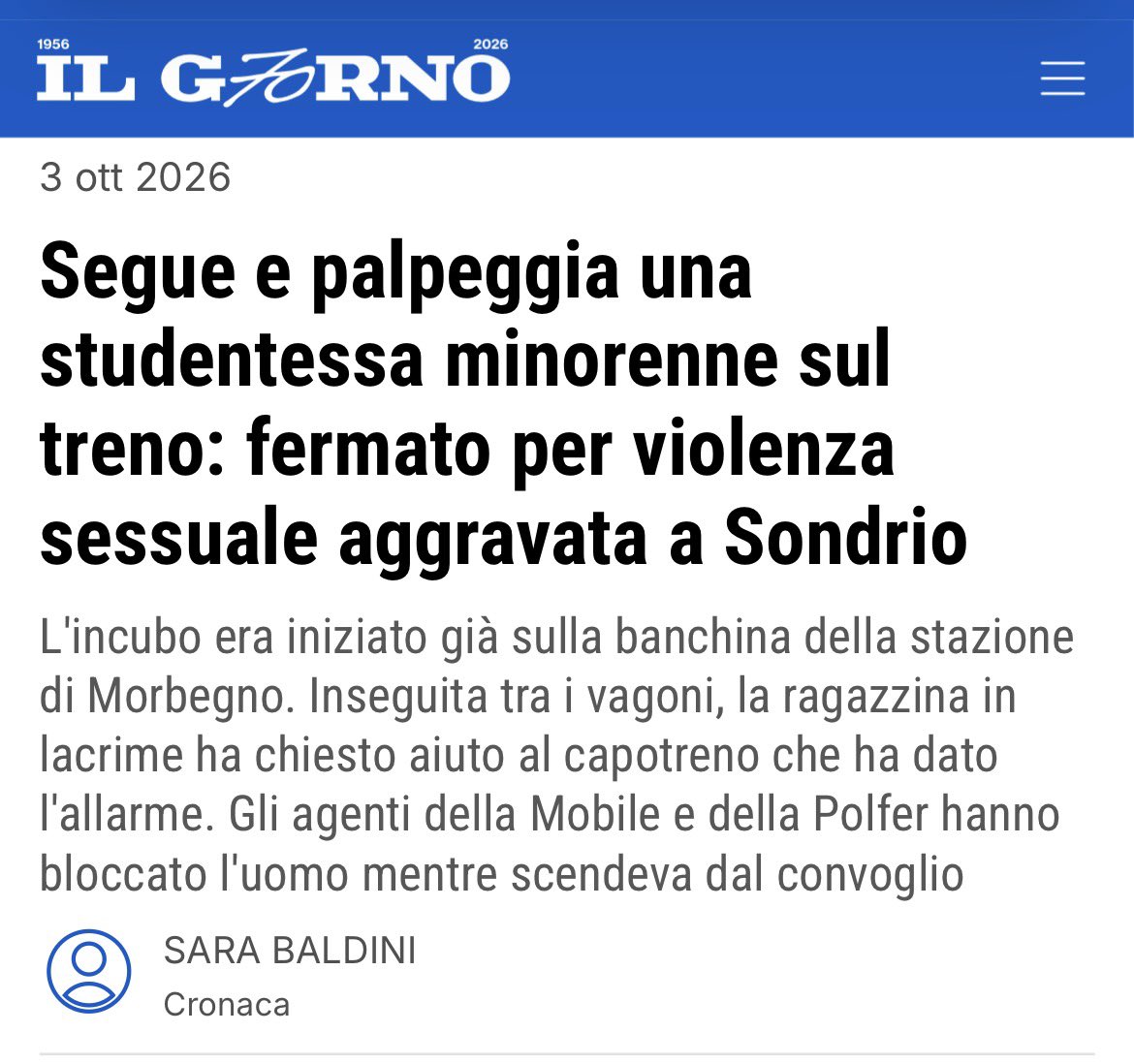 fratotolo2's tweet photo. Morbegno, una studentessa minorenne è stata inseguita e palpeggiata da un 30enne extracomunitario richiedente asilo, ospite di un centro d’accoglienza.

A salvare la giovane, il capotreno che ha allertato le Forze dell’ordine. https://t.co/UMfyaRvlTB