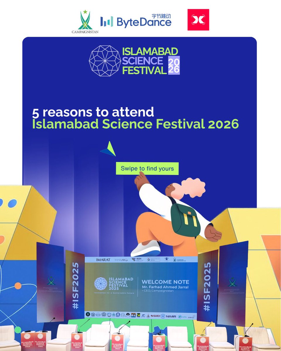 ISBScienceFest's tweet photo. This is not a science fair you walk past.
Islamabad Science Festival is back with its Fourth edition - our biggest and nationwide celebration of STEM talent.

🗓️ 15–16 October 2026
📍 Pakistan–China Friendship Centre
🎟️ Free entry for all visitors

The students who build things in school and never get a room big enough to show them - this is that room. Last year’s projects are in the photos - this year’s we will grab together. 

#ISF2026 #MadeInPakistan