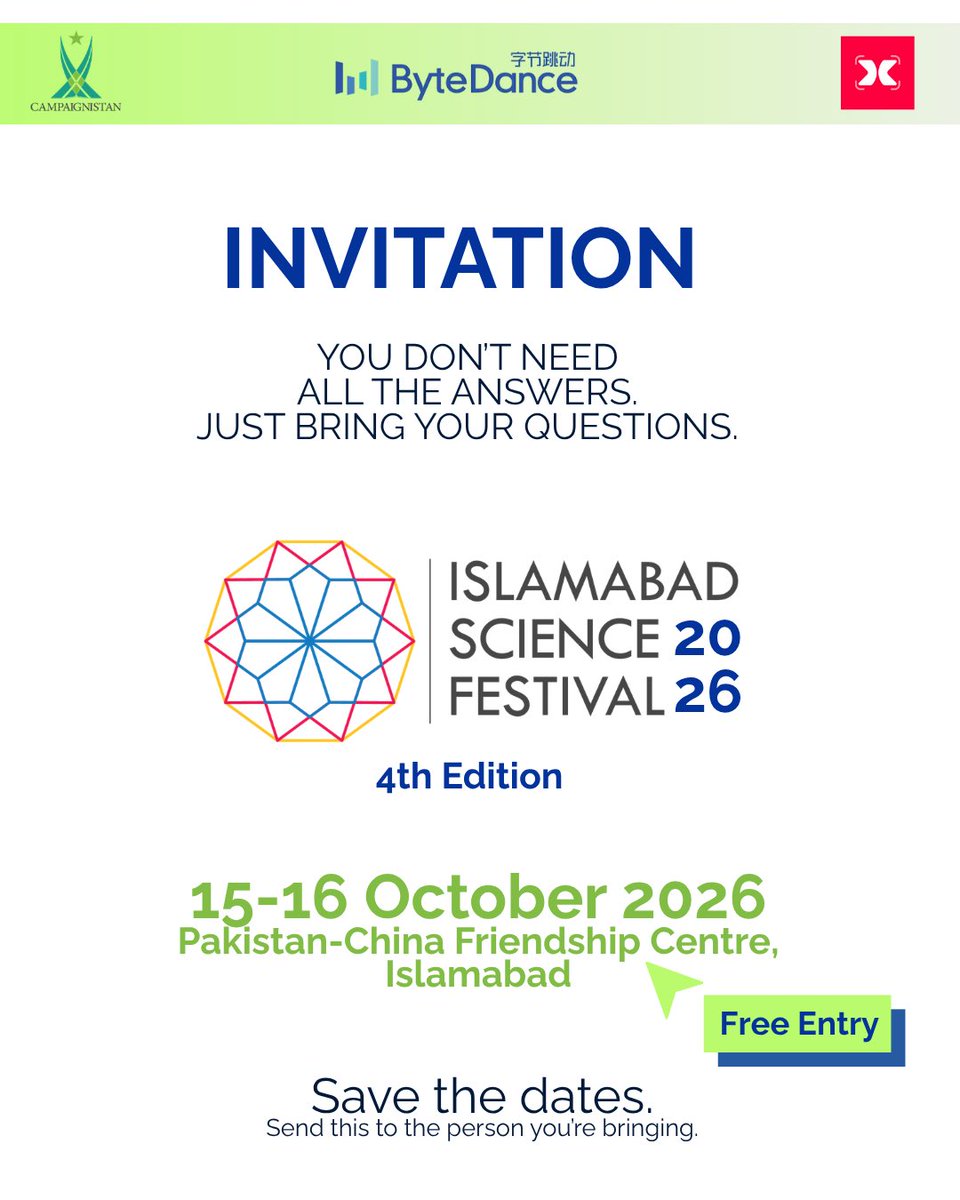 ISBScienceFest's tweet photo. This is not a science fair you walk past.
Islamabad Science Festival is back with its Fourth edition - our biggest and nationwide celebration of STEM talent.

🗓️ 15–16 October 2026
📍 Pakistan–China Friendship Centre
🎟️ Free entry for all visitors

The students who build things in school and never get a room big enough to show them - this is that room. Last year’s projects are in the photos - this year’s we will grab together. 

#ISF2026 #MadeInPakistan