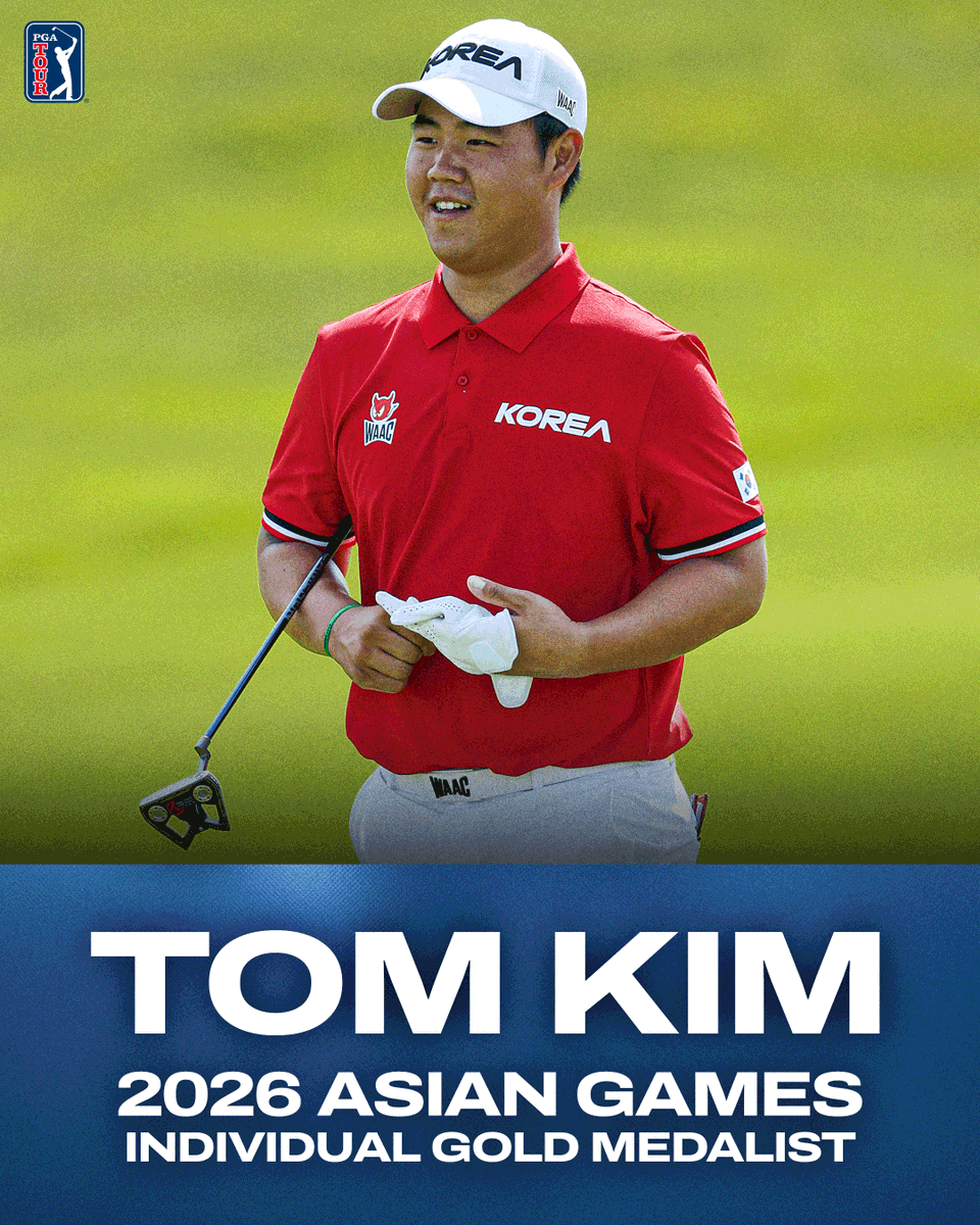 PGATour's tweet photo. A big week for Tom Kim 🥇

After going 4-1 at the Presidents Cup last week, Tom Kim headed straight to Japan and earned the individual gold medal at the 2026 Asian Games by three strokes. https://t.co/0AgXrCm17u