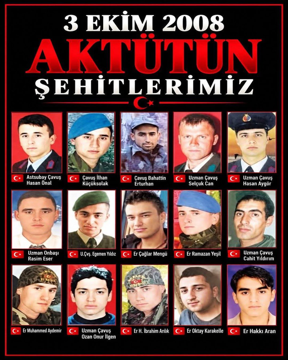 alitilkici38's tweet photo. 03 EKİM 2008… KARA GÜN!

Hakkâri Çukurca Aktütün Jandarma Sınır Bölüğü’ne yönelik hain saldırıda 17 kahraman Mehmetçiğimizi şehit verdik.

Hakkı Aran, Halil İbrahim Arılık, Muhammet Aydemir, Hasan Aygör, Selçuk Can, M. Bahattin Erturhan, Rasim Eser, Davut İlbaş, Ozan Onur İlgen, Oktay Karakelle, İlhan Küçüksolak, Çağlar Mengü, Nurullah Oymak, Hasan Önal, Ramazan Yeşil, Cahit Yıldırım ve Egemen Yıldız…

17 can… 17 ocak… 17 ömür…

Onlar o gün vatan uğruna canlarını feda etti. Bizlere ise onların aziz hatırasına sahip çıkmak, emanetlerini unutmamak ve isimlerini sonsuza kadar yaşatmak düştü.

Aradan yıllar geçse de acımız dinmedi, vefamız eksilmedi, minnetimiz tükenmedi.

Bu millet şehidini unutmaz!
Bu vatan, uğruna can verenleri unutmaz!
Biz unutmayacağız!

Aziz şehitlerimizi ölüm yıl dönümlerinde saygı, rahmet, minnet ve sonsuz vefa ile anıyoruz.

Ruhlarınız şad, mekânlarınız cennet olsun.

Vatan size minnettar.
Emanetiniz emanetimizdir.
#UzmanÇavuş
@TEMUD_2024