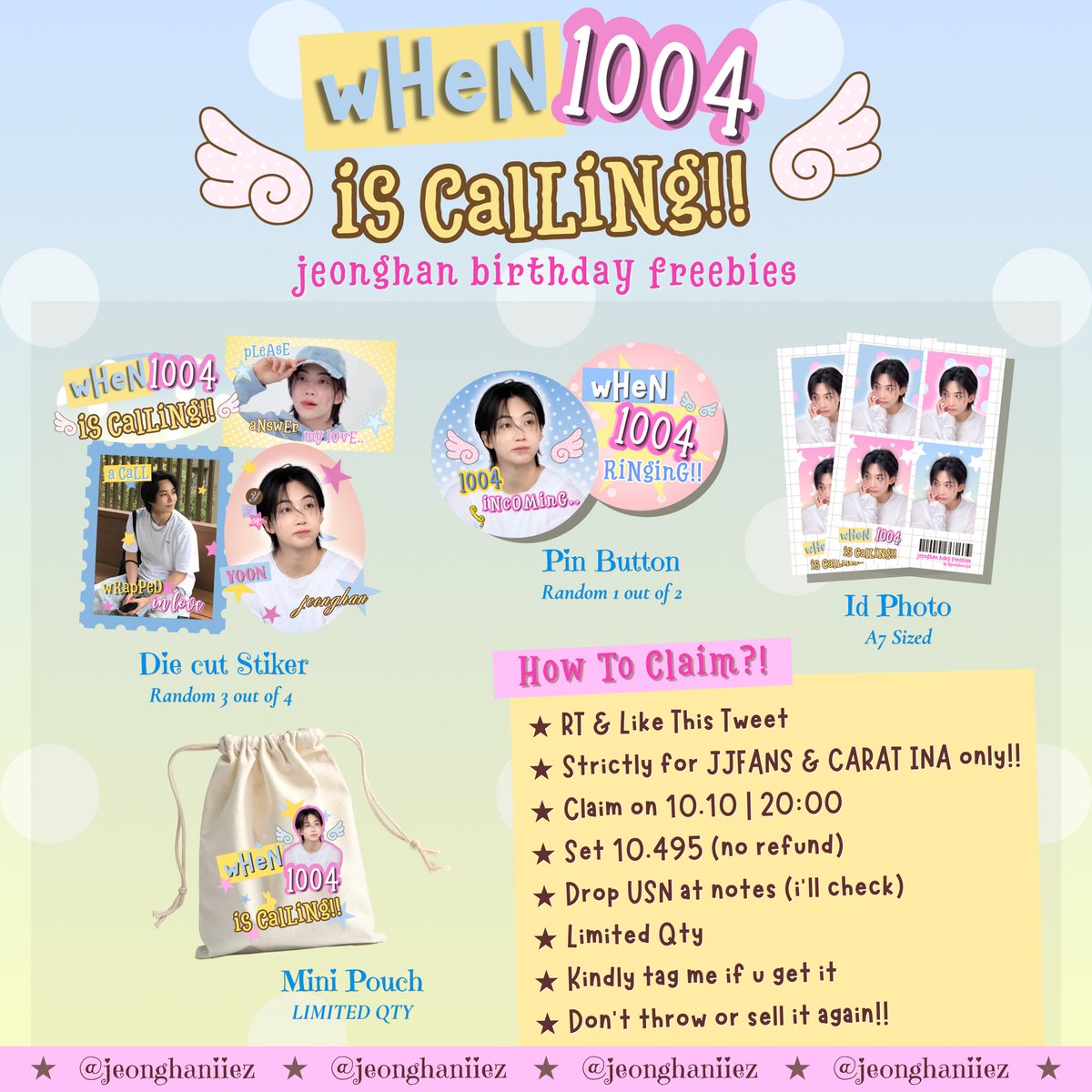 jeonghaniiez's tweet photo. 🪽𝑊𝐻𝐸𝑁 1004 𝐼𝑆 𝐶𝐴𝐿𝐿𝐼𝑁𝐺!!🪽
Jeonghan Bday Freebies
by @jeonghaniiez 

⭑ RT &amp; Like This Tweet
⭑ Strictly for JJFANS &amp; carat INA only
⭑ Claim on 10.10 | 20:00 https://t.co/pJLkolLli1
⭑ Set 10.495 (no rf)
⭑ Drop USN at notes (i’ll check)
⭑ Kindly tag me if u get it https://t.co/4PZcbYuGH0