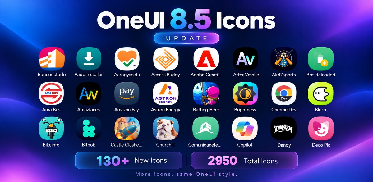 AndroidTools3's tweet photo. OneUI 8.5 Icons — Update Available

130+ new icons are now included, bringing the collection to 2950 icons.

More apps covered.
More consistency across your setup.

Get the latest update:
https://t.co/JZ5MFGmlOT

#OneUI85 #IconPack #Android #Customization https://t.co/QC7KR95dtD