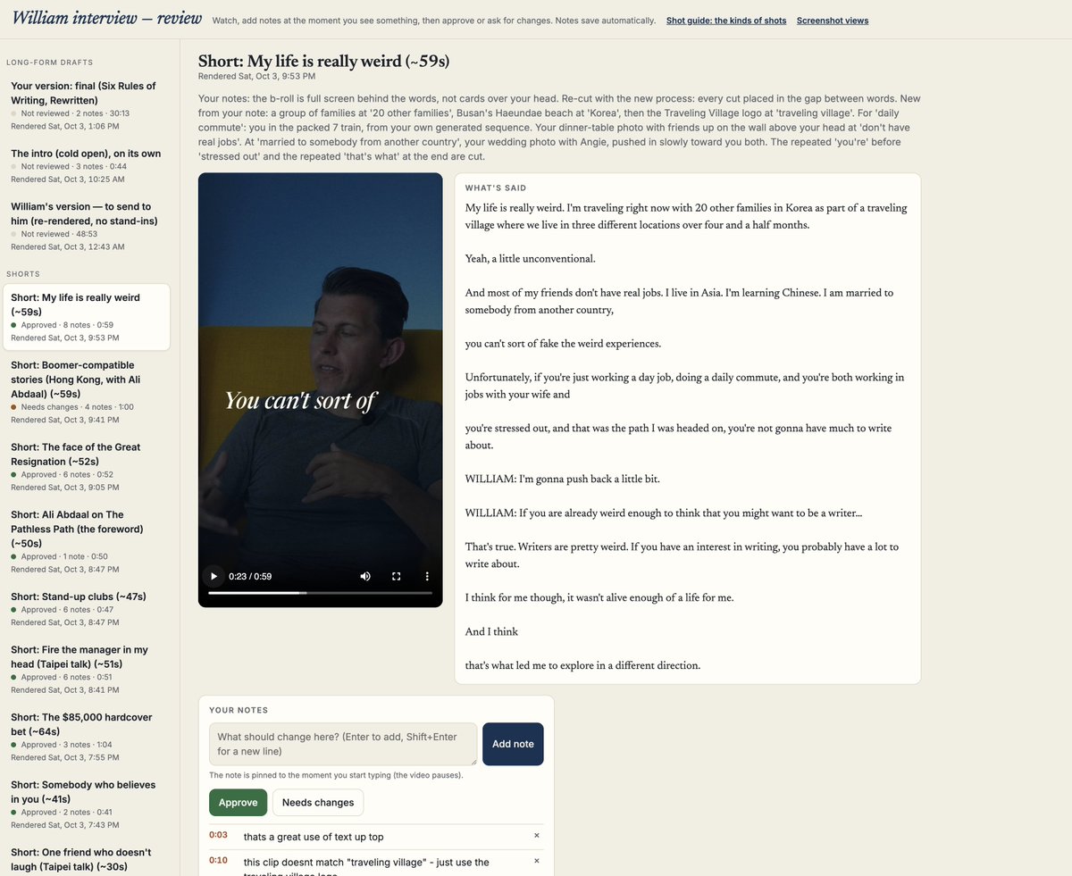 p_millerd's tweet photo. If you want to edit videos with claude code - a few tricks:

1. use opus 5.5
2. literally single prompt attempt something first, get a feel for how it works
3. then film something on your own and ask it to turn it into a nice clip or youtube video. ask it what it needs from you to do great work -  inform it about hyperframes and ask about other open libraries including motion graphics
4. build your own review dash - tell it to create a dash where you can give feedback aligned with timestamps and tag stuff as need review
5. find reels or videos you link and ask it to watch and screencapture them, and start building your preferences
6. ask it to scan your local folders for b roll and have it organize and label b roll
7. ask where you can get free b roll
8. prompt away with the dash in your browser 
9.  tell it to auto update every time you fix something to develop a skill around your preferences

heres a preview of the dash i am using in claudes browser