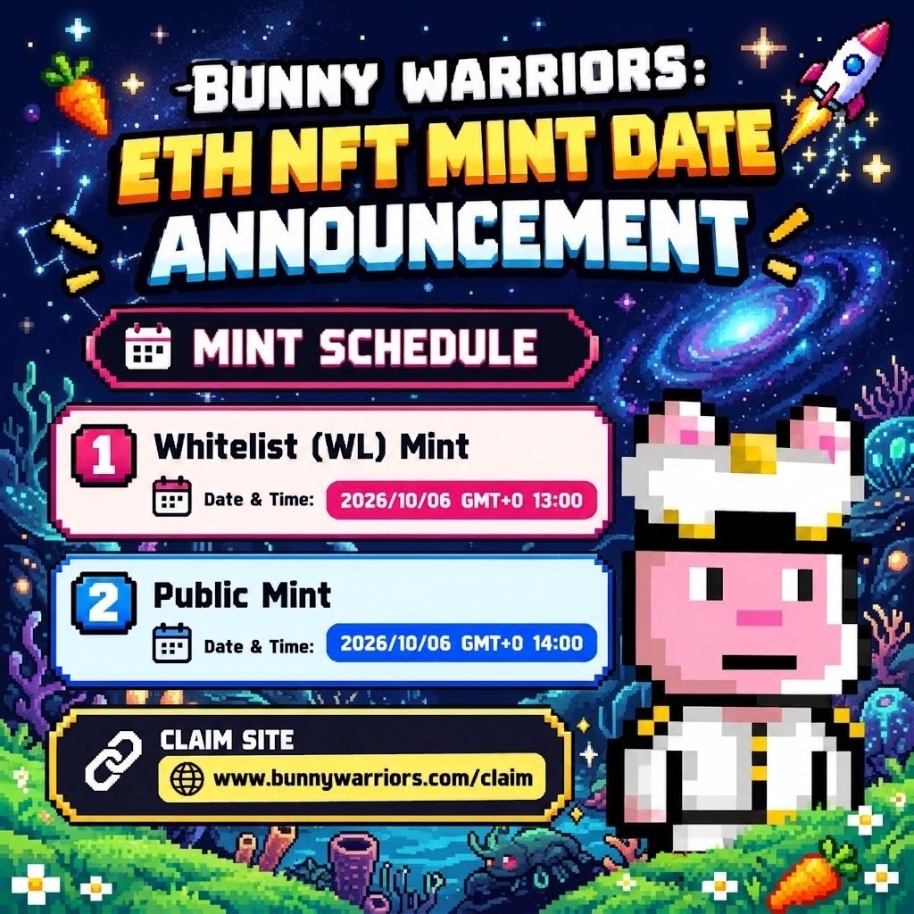 bunnywarriors_'s tweet photo. Bunny Warriors ETH NFT mint is locked in for Oct 6.

Whitelist mint: 2026/10/06, 13:00 GMT+0

Public mint: 2026/10/06, 14:00 GMT+0

Set your alarms. Tag your group. Remind each other so nobody misses the window.

Mint Site would be announced on mint day. https://t.co/nn5SA7YFBl