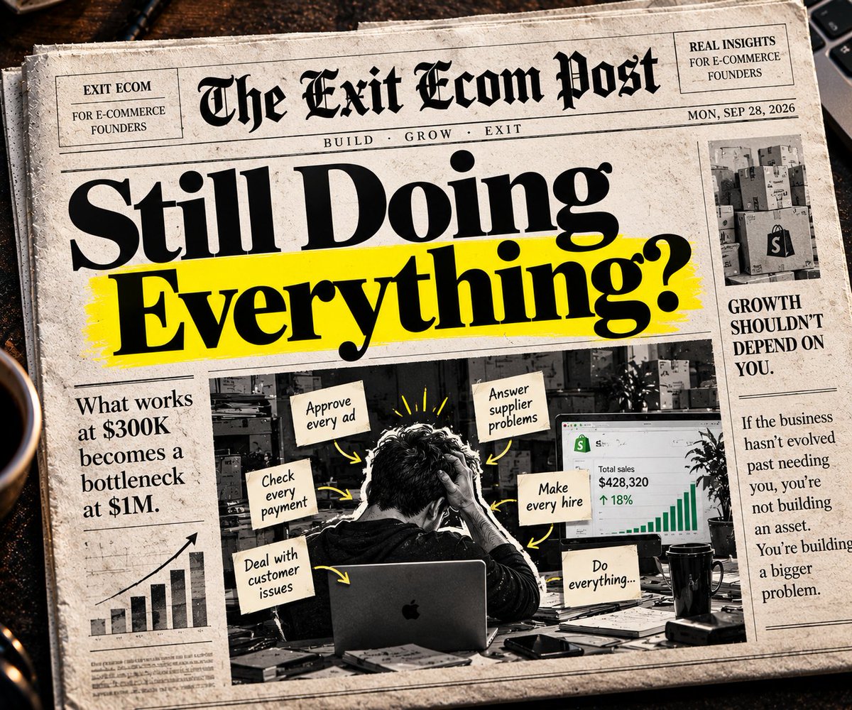 ExitEcom's tweet photo. The business doesn't usually break because the founder made one terrible decision.

It breaks because they keep making small decisions the business has already outgrown.

You approve every ad.

You answer every supplier issue.

You check every payment.

You make every hire.

It works at $300K.

Then it becomes the bottleneck at $1M.

The problem isn't that you're too involved.

It's that the business never evolved past needing you.