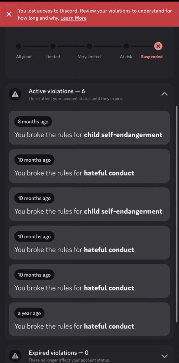 mostarrzzz's tweet photo. @discord_support @discord 

First off how does this add up? 6 violations between those timestamps should not lead my account to the suspended level, and also how do i get violations for child self-endangerment when i am an adult? I can also prove this please help on DMS https://t.co/EcEhA3w0Cc
