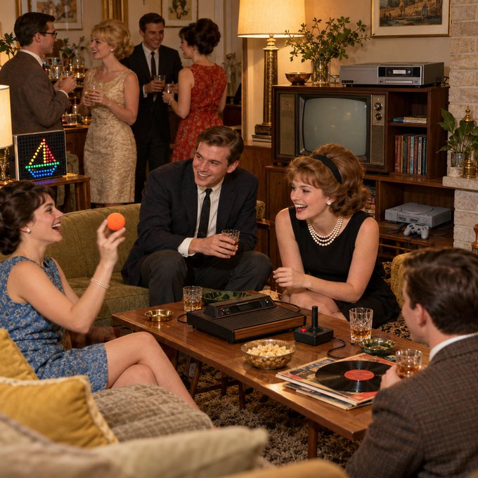 Susan11468's tweet photo. This house party is set in 1963, but some objects are from much later.   

Can you spot one? https://t.co/lpTsbIrRP4