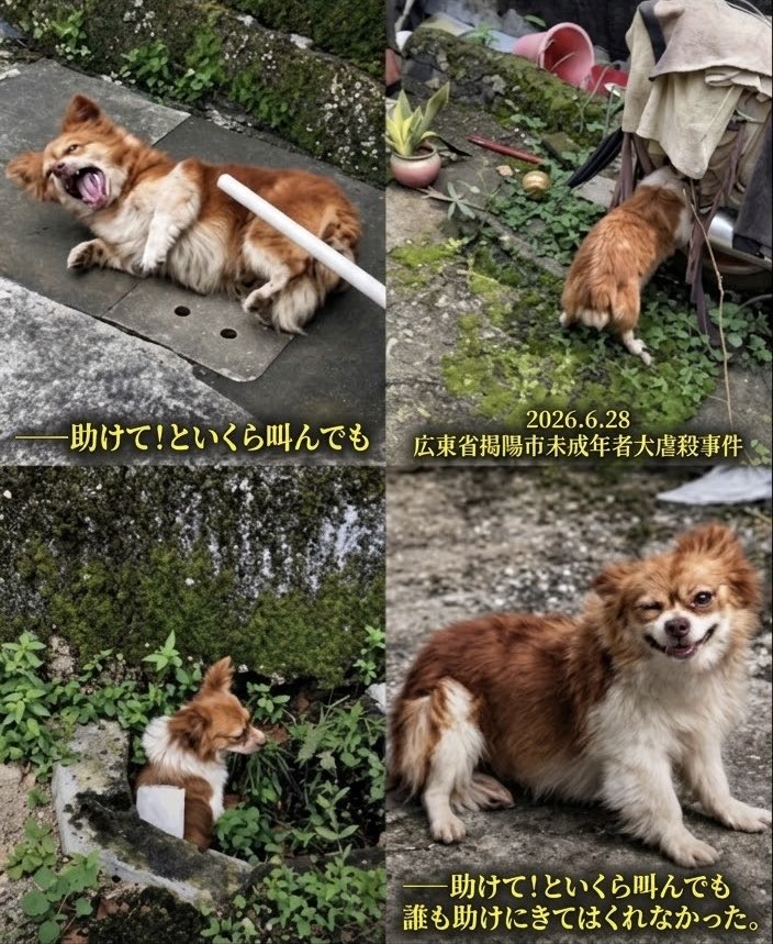 Clair_cogao's tweet photo. 旺旺は木棒で
頭を押さえつけられ
目が飛び出しても
奴らは叩き
突き刺しずっと
痙攣してた

焼かれても
体を突き刺され
目をおさえつけると
目玉が飛び出て

息を吐く事で
最後の苦しみを和らげ
ようと…

それでも
突き刺され
体を震わせ

そして子供を
舐めて逝った

#旺旺 https://t.co/kgcmO73RF2