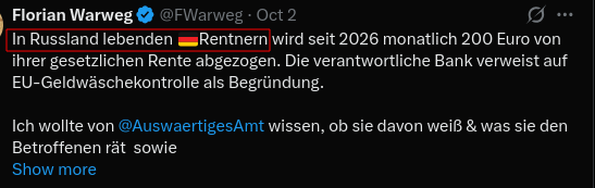 SheII_Sec's tweet photo. @Peter_Tule @FWarweg @AuswaertigesAmt Nein Bro, das Thema sind nicht deutsche Rentner im Ausland, sondern explizit deutsche Rentner in Russland. Rentner in Thailand, Ukraine oder wo auch immer sind davon nicht betroffen (laut meinen Recherchen, gerne korrektur, wenn ich falsch liege). https://t.co/cpmluQ4EUE