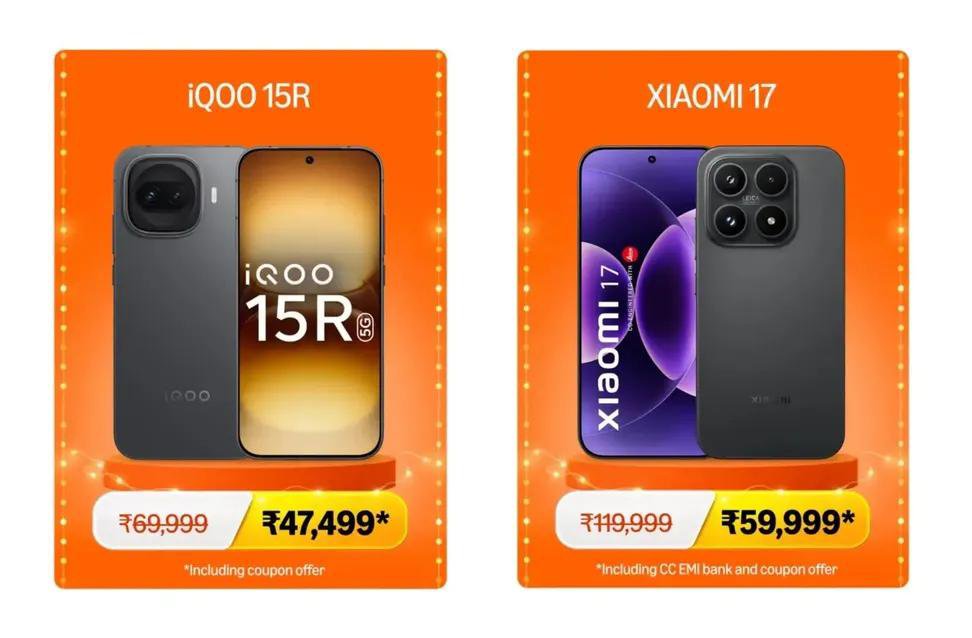 itsAmartech's tweet photo. Amazon Great Indian Festival sale smartphone deal prices revealed!

• Xiaomi 17: ₹59,999* (co-engineered with Leica)
• Samsung Galaxy S25 Ultra: ₹84,999*
• iQOO 15R: ₹46,499* (with coupon offers)
• OnePlus Nord 6: ₹42,999*
• OnePlus Nord CE 6: ₹33,999*
• Samsung Galaxy A56 5G: ₹31,999*

*Prices include bank discounts, coupons, and card offers.

Note: Xiaomi 17 launch price around ₹90,000 tha, na ki ₹1,20,000—toh ₹59,999 par solid drop dekhne ko mil raha hai!

Inme se kaunsi Amazon GIF deal sabse zyada tempting lagi?

#AmazonGIFDeals #GreatIndianFestival #AmazonDeals #Xiaomi17 #GalaxyS25Ultra #TechDeals #ItsAmarTech