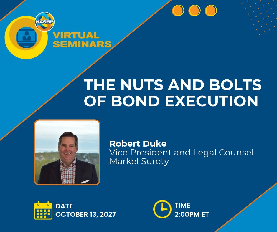 nasbp's tweet photo. Register for the next NASBP Virtual Seminar on Tue. 10/13: https://t.co/7K7PBDPlwC Robert Duke of Markel Surety will provide attendees with a clear roadmap for preparing bond forms for execution. Sponsored by Nationwide https://t.co/XwrHUhgnTg  #StabilityThroughPurpose #surety https://t.co/0fpp4nupVd
