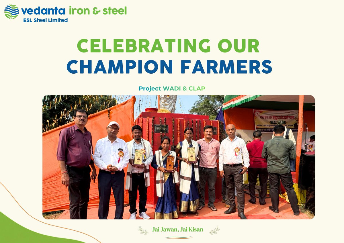 ESLSteelLimited's tweet photo. Honouring service, self-reliance &amp; sustainable progress.

On #GandhiJayanti &amp; #LalBahadurShastriJayanti, ESL felicitated six Champion Farmers from Project WADI &amp; Project CLAP for advancing sustainable agriculture &amp; community development.

Jai Jawan, Jai Kisan.

#ESL #VISL https://t.co/TDnXg7iMwT