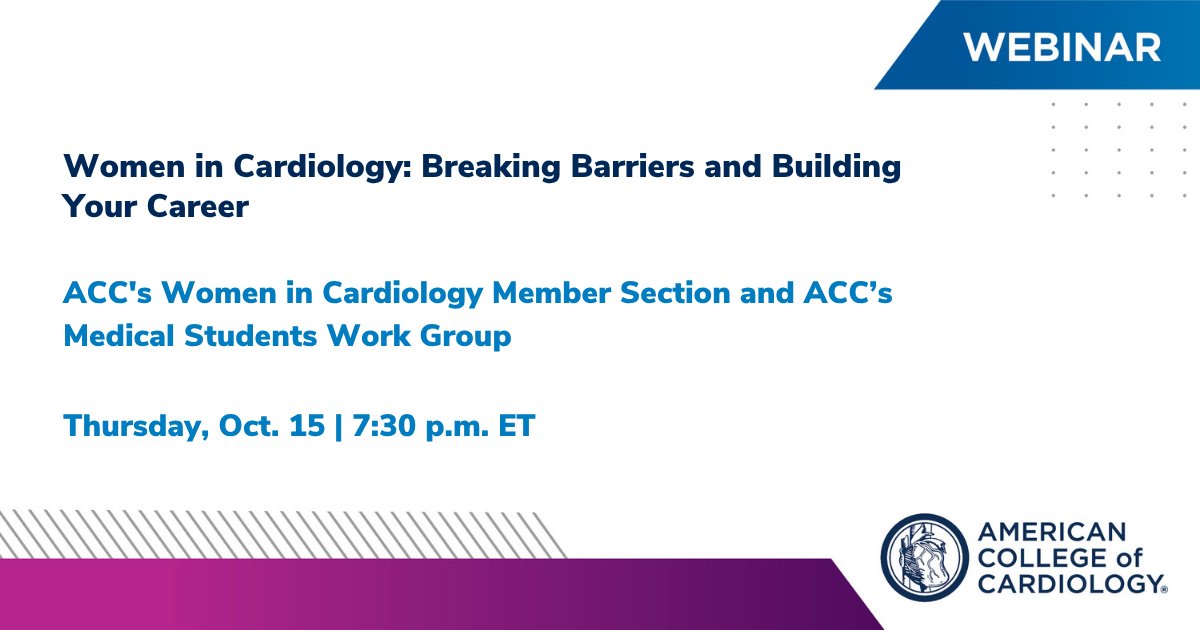 ACCinTouch's tweet photo. Join #ACCWIC Member Section along w/ the Medical Students Work Group on Thursday, Oct. 15 ๐ for a webinar discussing shared experiences, challenges & practical advice for building a successful career in CV medicine.
Learn more & register: https://t.co/MCuckYjbmu #ACCMedStudent https://t.co/zP8H1titml