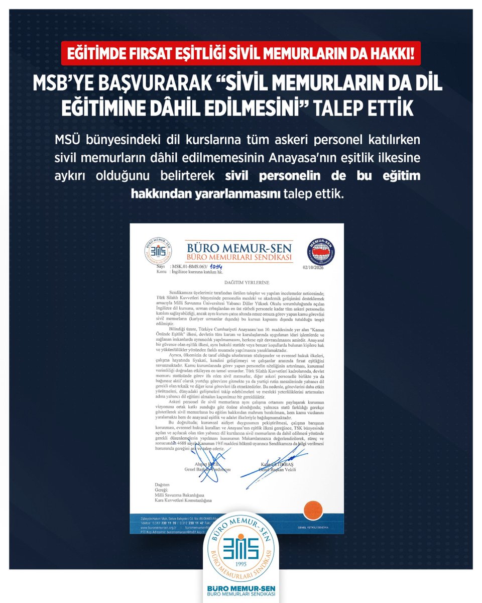 BuroMemurSen_'s tweet photo. EĞİTİMDE FIRSAT EŞİTLİĞİ SİVİL MEMURLARIN DA HAKKI!

MSB’YE BAŞVURARAK “SİVİL MEMURLARIN DA DİL EĞİTİMİNE DÂHİL EDİLMESİ”Nİ TALEP ETTİK

Büro Memur-Sen olarak Millî Savunma Bakanlığına ilettiğimiz talepte; Milli Savunma Üniversitesi bünyesinde açılan dil kurslarına tüm askeri personel katılırken, aynı kurumda görev yapan sivil memurların kapsam dışında tutulmasının Anayasa’nın “Kanun Önünde Eşitlik” ilkesine aykırı olduğunu, sivil memurların da bu kurslara dâhil edilmesi yönünde gerekli düzenlemelerin yapılmasını talep ettik.

Yazımızda; MSB bünyesinde aynı çatı altında hizmet üreten askeri personel ile sivil memurların (mühendis, uzman, yardımcı hizmetli vb.) birlikte çalışarak kurumun vizyonuna ortak katkı sunduğu göz önüne alındığında, yalnızca statü farklılığından dolayı sivil memurların bu eğitim hakkından mahrum bırakılmasının hem kamu vicdanını yaraladığına hem de Anayasa’nın eşitlik ve adalet ilkeleriyle bağdaşmayarak çalışma barışına zarar verdiğine dikkat çektik.

Ayrıca Türk Silahlı Kuvvetleri kadrolarında devlet memuru statüsünde görev yapan sivil memurların da diğer askeri personelle birlikte ya da bağımsız olarak yurt dışı görevlerine gittiği göz önünde bulundurulduğunda; görevlerini daha etkin yürütmeleri, dünyadaki gelişmeleri takip edebilmeleri ve mesleki yeterliliklerini artırmaları adına yabancı dil eğitimi almalarının kaçınılmaz bir gereklilik olduğunu vurguladık.

Büro Memur-Sen olarak sivil kamu görevlilerinin mali, sosyal ve özlük haklarının korunması, çalışma şartlarının iyileştirilmesi ve mesleki gelişim imkânlarından eşit şekilde yararlanmaları adına sürecin takipçisi olmaya devam edeceğiz.