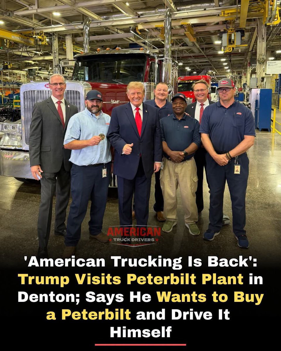 ATruckDrivers's tweet photo. DENTON, TEXAS - President Donald Trump visited the Peterbilt Motors facility in Denton on Thursday, October 1, using the plant's recent expansion as a showcase for his administration's manufacturing and tariff policies and declaring that American trucking has turned a corner. https://t.co/Wnq5S1djAz