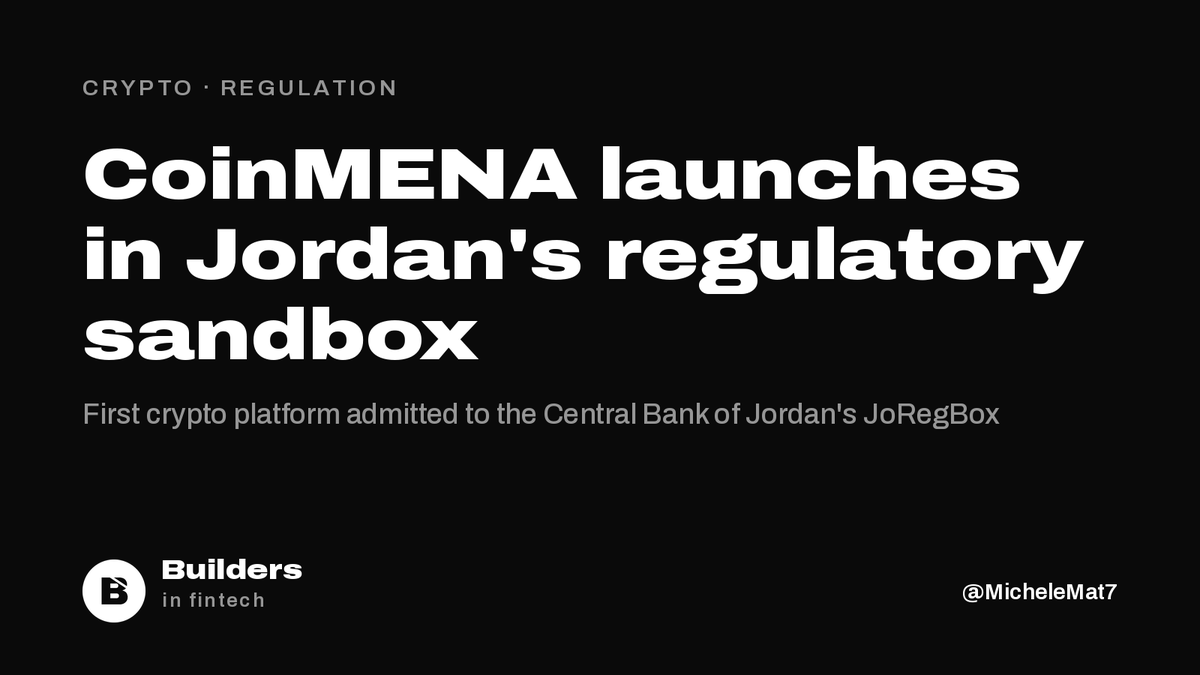buildersfintech's tweet photo. CoinMENA is the first crypto platform to launch under the Central Bank of Jordan's regulatory sandbox.

Users in Jordan can now deposit dinars via CliQ and buy, sell and store crypto under central bank supervision.

CoinMENA is already licensed in Bahrain (CBB) and Dubai (VARA). https://t.co/Xet0EtuM31