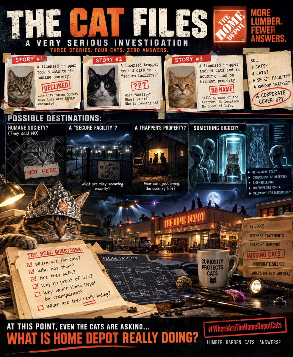 FelineConscious's tweet photo. THE CAT FILES // CASE OPEN

Three explanations.
A changing number of cats.
A humane society that says it was never involved.
No publicly identified trapper.
No confirmed location.
No proof of life.

Naturally, the Cat Files has several theories involving secure facilities, corporate black sites, Greys, feline NHI, and at least one suspiciously well-funded interspecies research program.

But beneath the parody is a very real question:

Where are the Home Depot cats?

If the cats are safe, this should be easy to clear up: identify who has them, confirm where they are, and provide their longtime caretakers with verifiable proof that they are alive and being properly cared for.

Until then, the file stays open.

#WhereAreTheHomeDepotCats

THE CAT FILES // TRUST THE CAT. FOLLOW THE PAPER TRAIL.