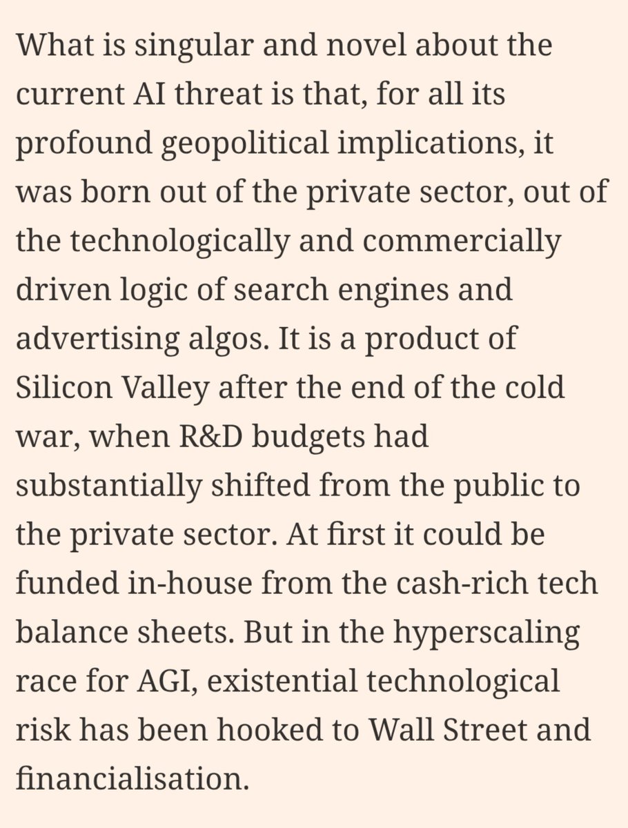 BigMeanInternet's tweet photo. This misunderstands Cold War era big science as it played out in Silicon Valley. Google famously emerges out of Stanford's exemplary (private) "cold war university," which was consciously built on *sub*contracting for military projects https://t.co/0gXUSzML7r https://t.co/Z1PI8C5FpZ