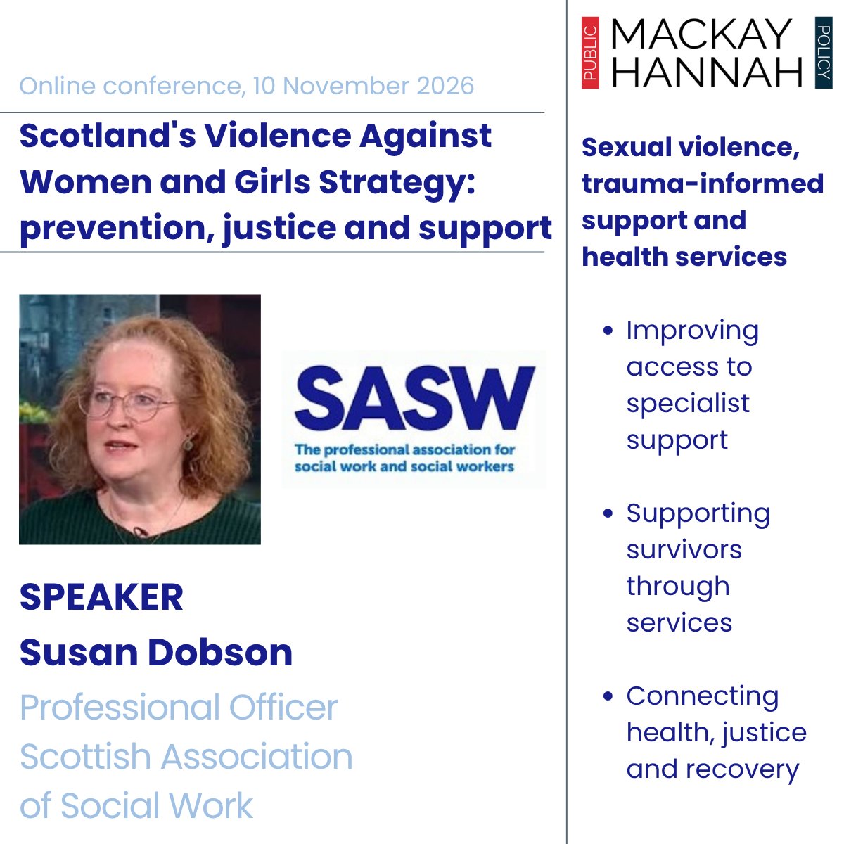 MacKayHannah's tweet photo. Susan Dobson, Professional Officer, Scottish Association of Social Work, joins us and will be looking at sexual violence, trauma-informed support and health services.
Find out more π
https://t.co/ohlJk95i4R
#VAWG #SupportServices #EquallySafe https://t.co/5RM9DGdM2g