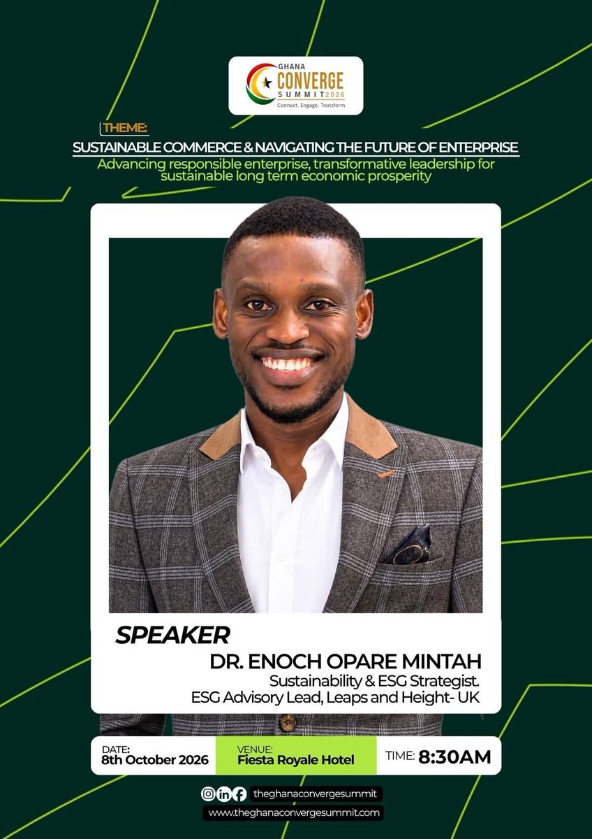 ashmo808's tweet photo. Sustainability is no longer a report. It's the balance sheet. 📊
Hear from @ the confirmed leaders shaping Ghana's enterprise future:

Dr. Enoch Opare Namoah, ESG Strategist
8 Oct | Fiesta Royale, Accra
#GhanaConverge2026 #esg https://t.co/PWW3RsAQnW