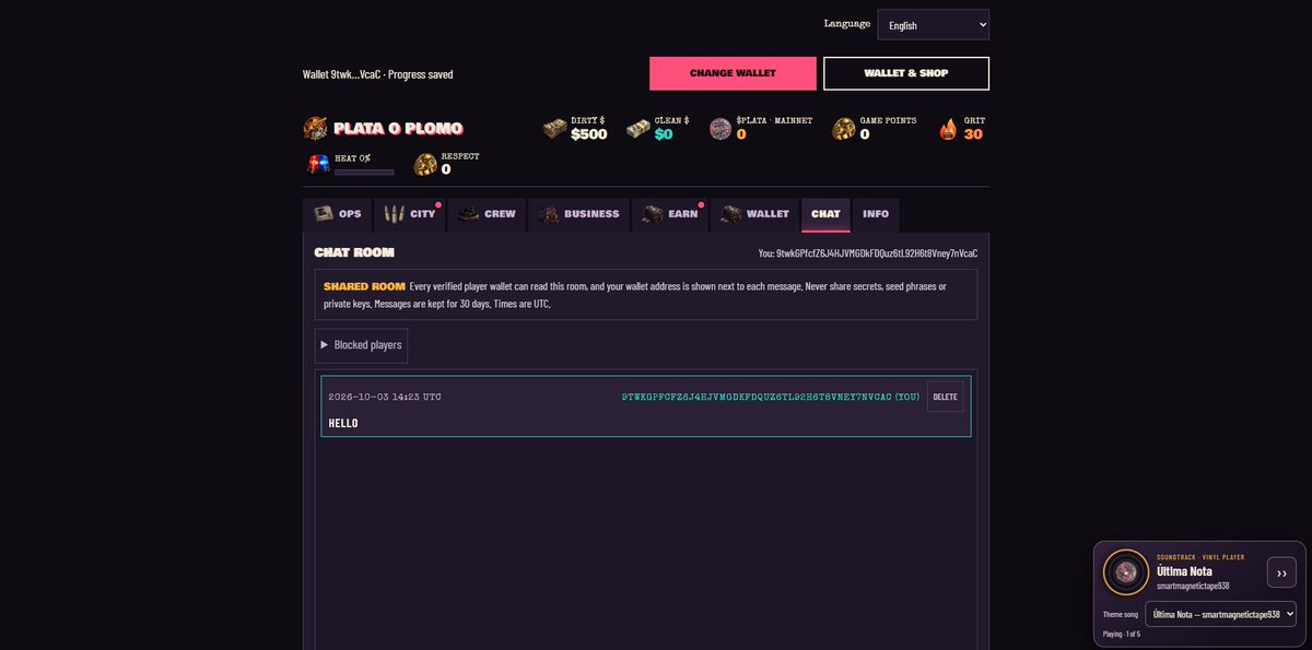 PlayPlataPlomo's tweet photo. Major Update :
Chat Room is now live in Plata o Plomo! $PLATA

Connect and verify your wallet, then open the Chat tab to join the conversation with other players.

Share game tips, discuss strategies, and connect with the community all inside the game.

This is a shared room for verified wallet players, not private messaging.