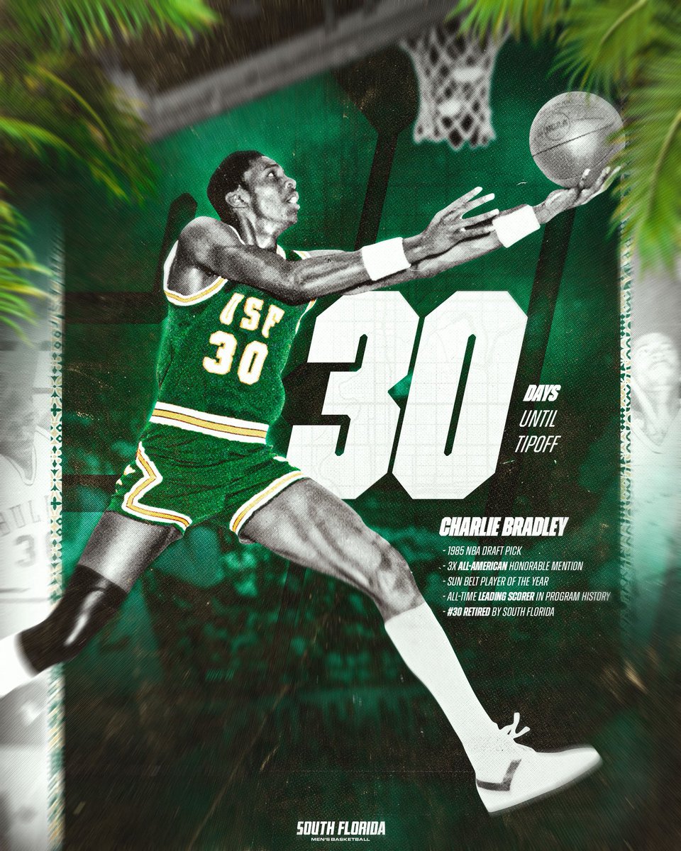 USFMBB's tweet photo. 3️⃣0️⃣ Days Until Tipoff: Charlie Bradley #BullLegends 🤘
- All-time program leading scorer
- Number 30 retired by South Florida
- Sun Belt Player of the Year and NBA Draft Pick https://t.co/gAMllS93z2
