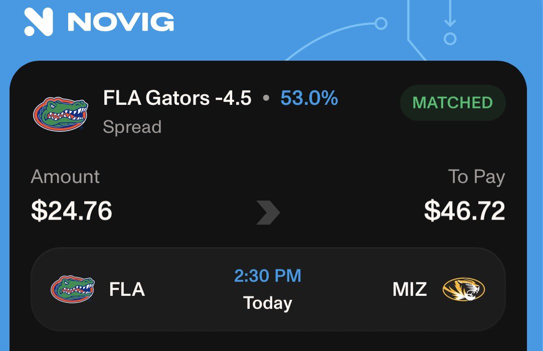 Nico_Bets's tweet photo. Locked in. Let’s cash this one. 🐊💰

#NCAAF #Gators #SportsBetting #POTD #NoVig https://t.co/oWi3SkactX