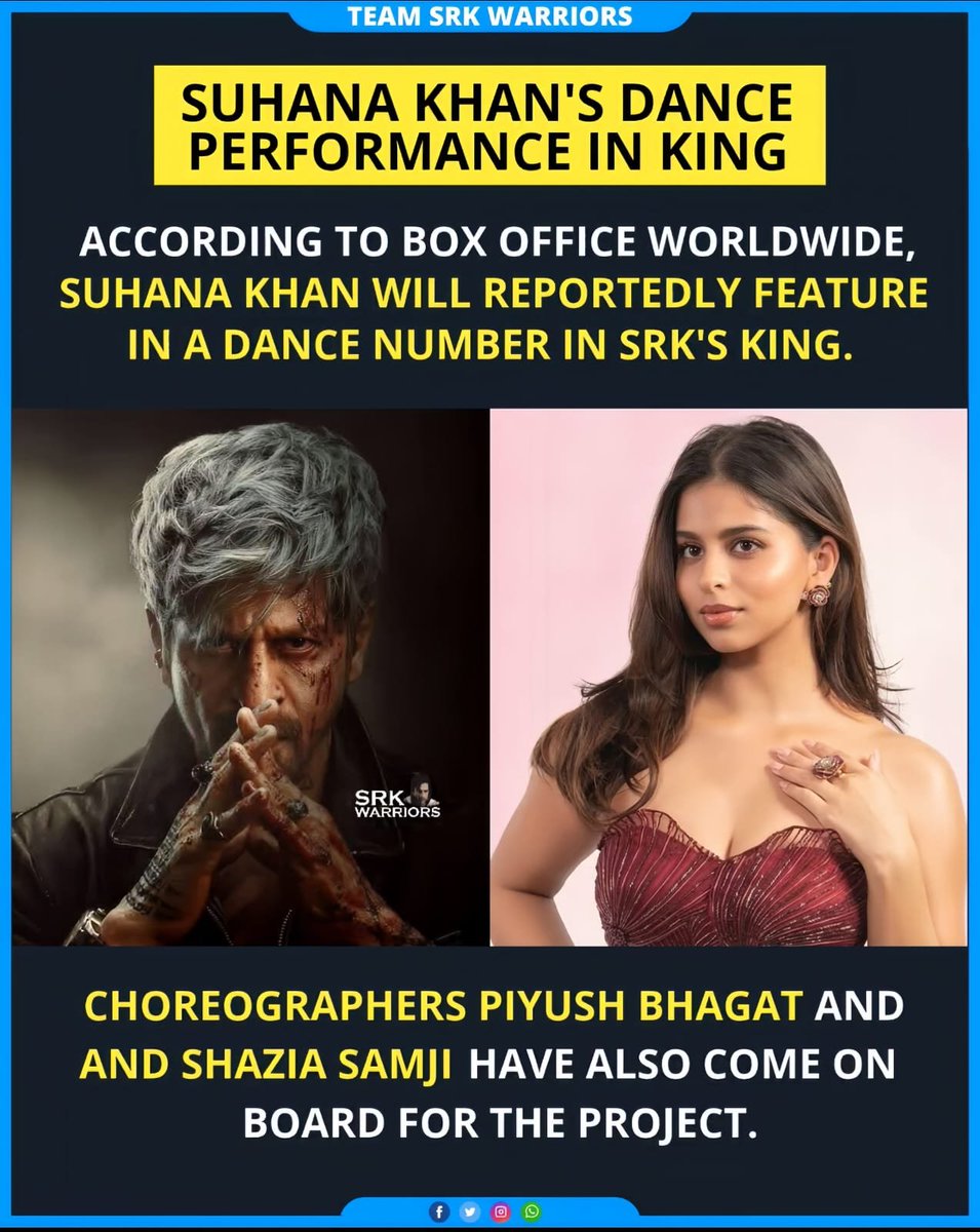 TeamSRKWarriors's tweet photo. According to reports, Suhana Khan will reportedly feature in a dance number in Shah Rukh Khan's KING 👑

Choreographers Piyush Bhagat &amp; Shazia Samji have also come onboard for the project ❤️

#ShahRukhKhan #KING https://t.co/zFYw44Dcu3
