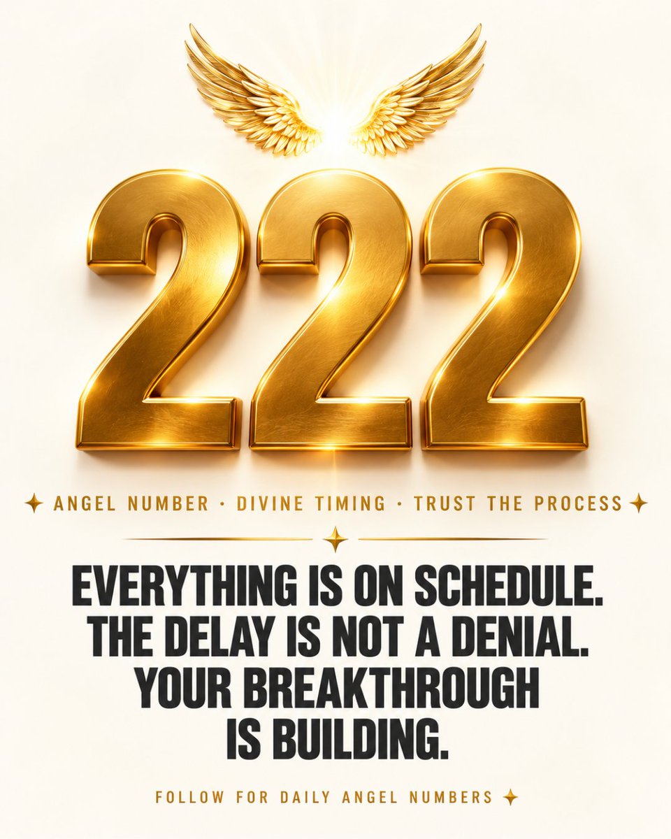 imoneymantra's tweet photo. 222 arrives today as a direct reassurance - everything you have been believing for, working toward, and holding in faith is on schedule. Not delayed. Not cancelled. Building in the invisible layer of your life at a pace that is faster than the visible evidence currently suggests.

The 2 is the number of balance, patience, and divine partnership. Three 2s amplifies that into a field of complete trust - the universe saying stay the course, do not give up at the last moment, what is coming is closer than it has ever been.

The most dangerous moment in any season of faith is the final stretch before the breakthrough - when nothing has confirmed yet but everything is assembled and ready. You may be in that stretch right now. Hold your frequency. The delay is not a denial. Claim the trust 222 is placing in your hands today and stay in your belief through the rest of this week.