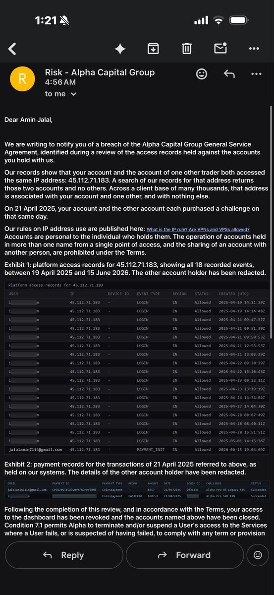 propXdaily's tweet photo. 🚨 Alpha Capital payout dispute

Trader @AminJ7114 claims his $2,400 payout was denied after waiting around 10–12 days, with his dashboard reportedly blocked over an IP connection.

According to the trader, the IP was linked to another account that purchased a challenge in April 2025. He denies sharing his login.

He also claims three additional $100K accounts were blocked — 2 Phase 2 accounts and 1 Phase 1.

The main question being raised:

Why was an 18-month-old IP connection flagged only when the payout was requested?

@AlphaCapitalUK @george_kohler

If the IP match is confirmed, the trader is asking for the records and an explanation of the connection.

#AlphaCapital #PropFirms #Trading #Payout