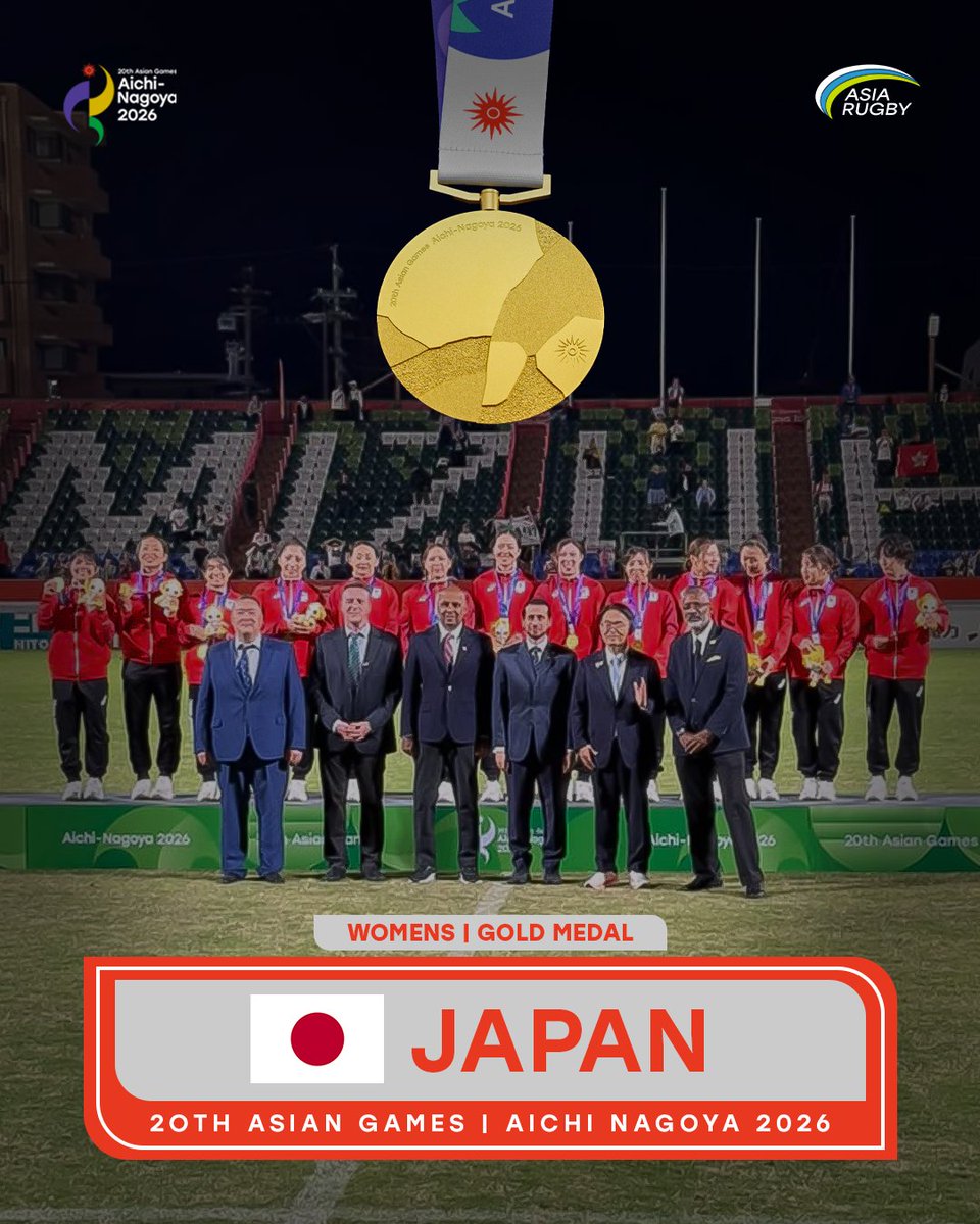 asiarugby's tweet photo. Golden on home soil 🇯🇵🥇

Japan finish on top of the podium as the Women’s Rugby Sevens champions at Aichi-Nagoya 2026.

#AsianGames #AichiNagoya2026 #AsiaRugby https://t.co/nqpuIGB28s