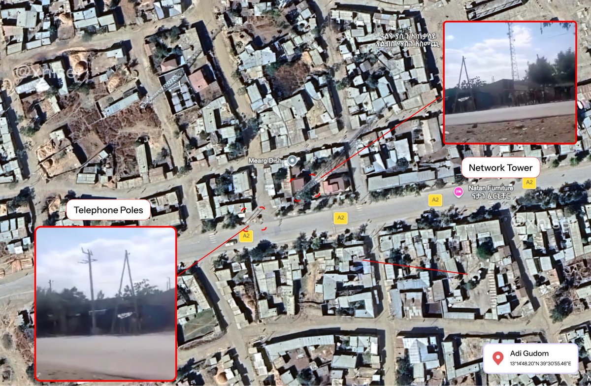 xniser's tweet photo. GEOCONFIRMED ‼️: #ENDF forces are present in Adi Gosum.

Video footage matches structural ground features (telecom tower &amp; electric utility pole alignment). Presence of Calidus MCAV-20 4x4s, operated by ENDF Commando Special Forces, confirms recent operational movement. 

#OSINT https://t.co/AzjNysmDI4