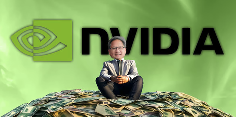 An edited image showing Jensen Huang sitting on a pile of money in front of a green NVIDIA logo background.