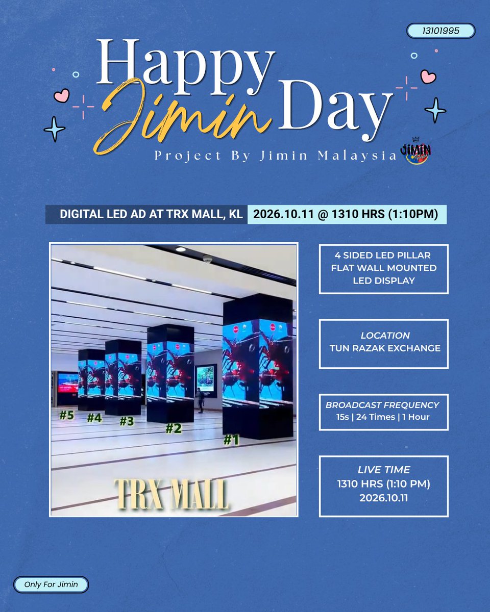JiminMalaysia's tweet photo. 🎀  𝐻𝒶𝓅𝓅𝓎 𝒥𝒾𝓂𝒾𝓃 𝒟𝒶𝓎 𝒾𝓃 𝑀𝒶𝓁𝒶𝓎𝓈𝒾𝒶  🎀

Jimin’s 15-second birthday ad will light up TRX Mall for 1 hour, across 4 four-sided LED pillars and 1 wall-mounted LED display! 

📍 TRX Mall, Kuala Lumpur
📅 11 October 2026
⏰ 1310hrs - 1410hrs (1:10PM - 2:10PM)

A huge thank you to @enojimin13 for creating this beautiful AD, and to every donor who helped make this project possible. 💛

#jiminmalaysia
#jimtober2026
#JIMIN #PARKJIMIN #지민