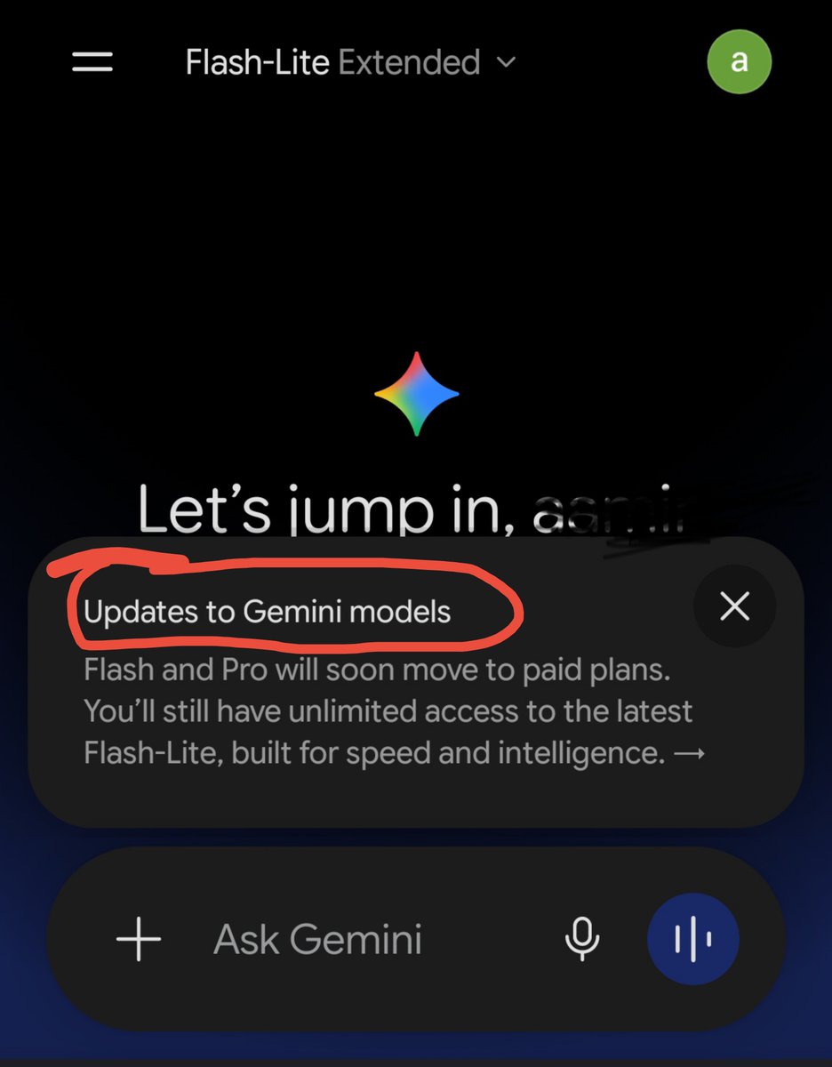 StatsWire's tweet photo. It’s OFFICIAL.

Gemini just showed this in the app:

Flash and Pro are moving to paid plans.  

Free users keep unlimited access to Flash-Lite only.

Google is locking the better models behind a paywall. https://t.co/uh1EMAzlIR