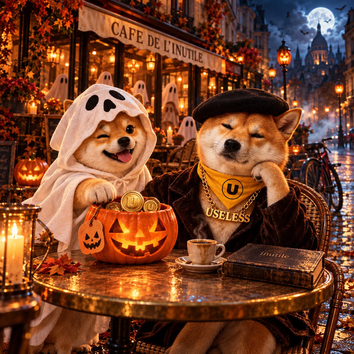 Hallowinustonk's tweet photo. Halloween took over his café.
He still couldn’t care less. 🥐👻
A ghost, a beret, and a pumpkin full of $USELESS.

@InutileStonk, your usual table is ready.

$HALLOWINUSTONK 🎃 https://t.co/zCmUat1uE6
